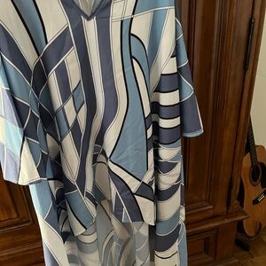 Geometric Blue and White Poncho Top by Misslook